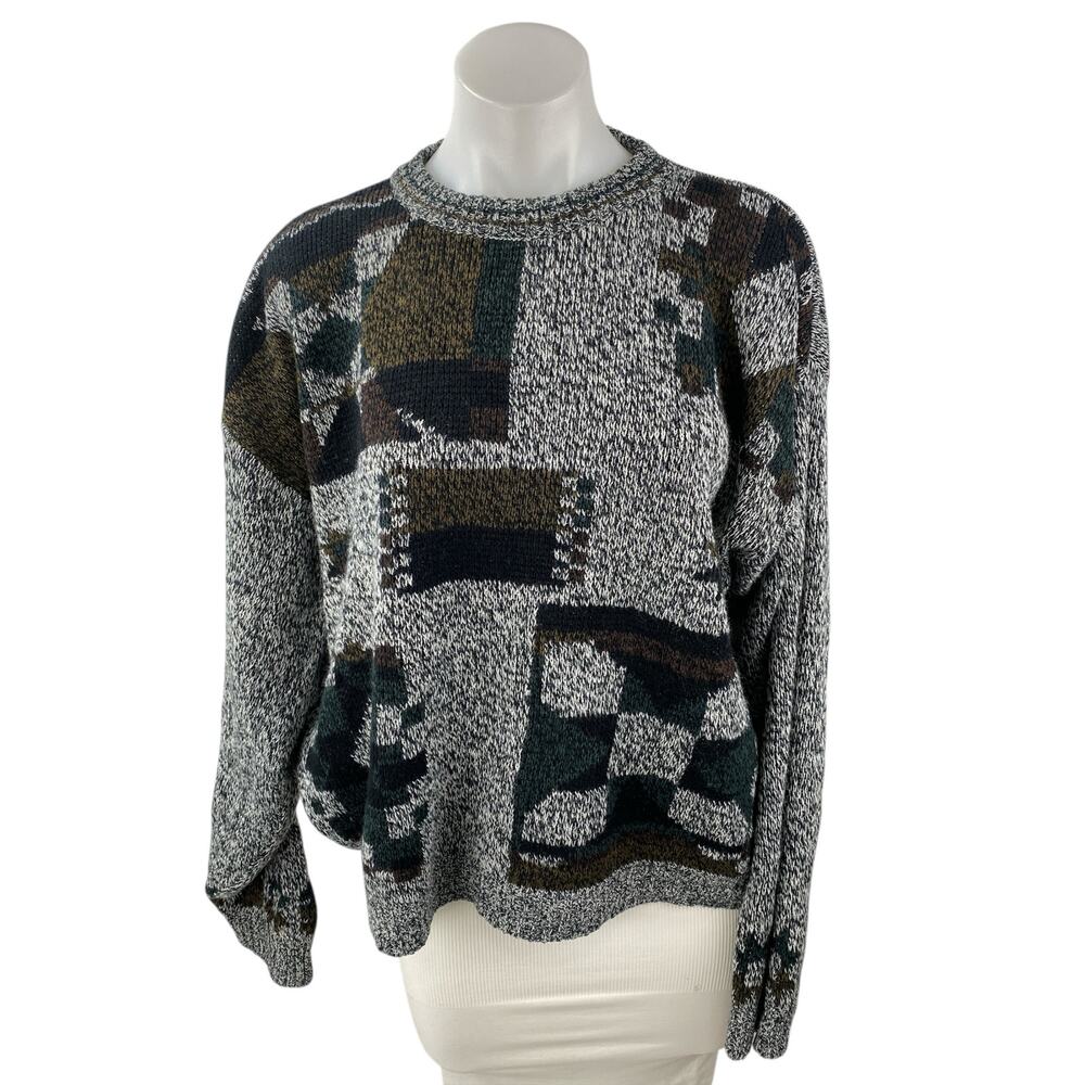Michael Gerald Womens Gray Geometric Crewneck Long Sleeve Knit Sweater Top Sz L